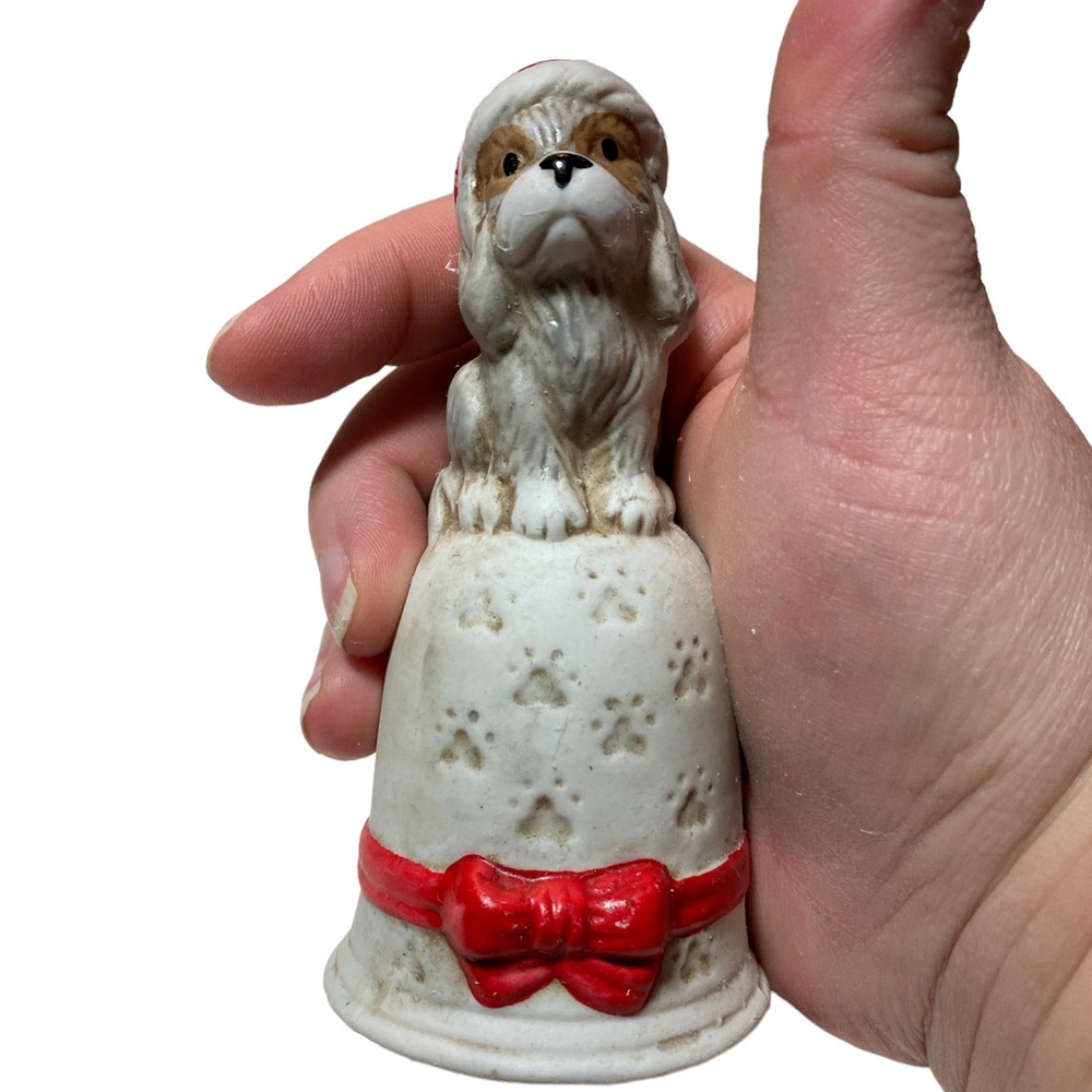 Vintage Christmas Bell Santa Dog Cocker Spaniel Porcelain Embossed Paw Prints